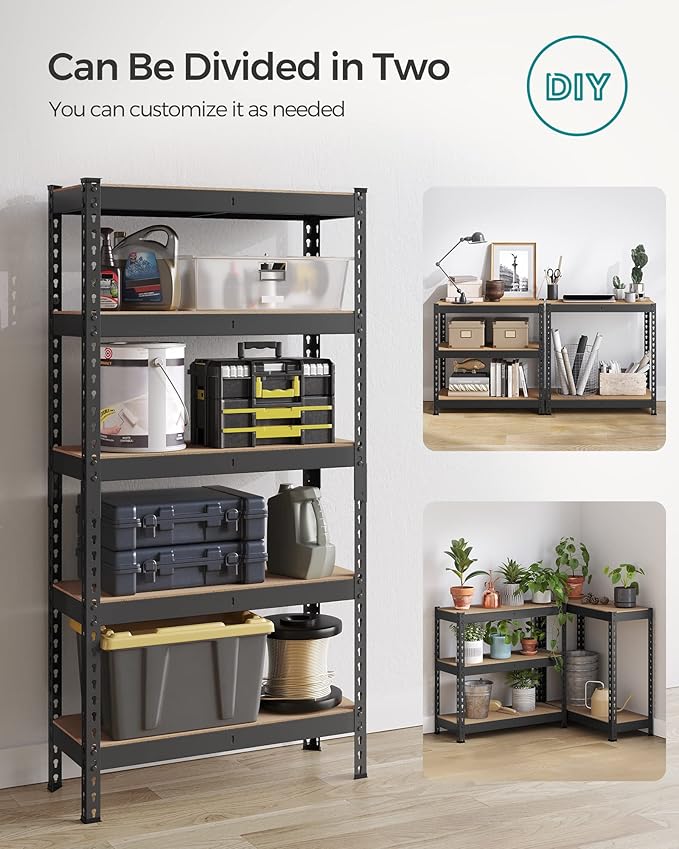 SONGMICS 5-Tier Storage Shelves, Load 2310 lb, Garage Storage, Boltless Assembly, Adjustable Shelving Unit, 11.8 x 29.5 x 59.1 Inches, for Study Shed Basement, Black and Natural Beige UGLR300B01