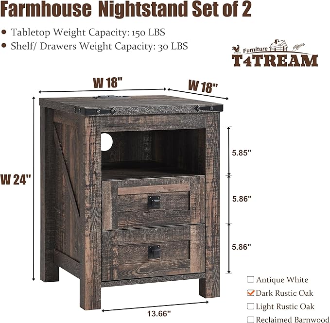 T4TREAM Farmhouse Nightstand Set of 2 with Charging Station, Rustic End Table with 2 Drawers, Storage Open Shelf for Bedroom, Living Room, Wood Side Table, Dark Rustic Oak
