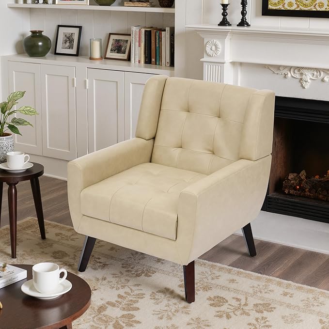 Faux Leather Accent Chairs Set of 2, Mid-Century Modern Upholstered Armchair, Comfy Living Room Chairs Reading Chairs with Button Tufted Back & Solid Wood Legs for Bedroom, Office, Cream