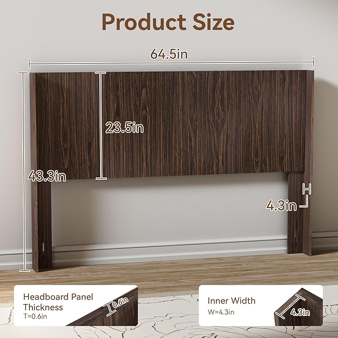 Wood Headboard, 64.5" Wide Headboard for Queen Size Bed, Wall Mounted Fluted Panel, Wingback Modern Headboards (Walnut, Queen)