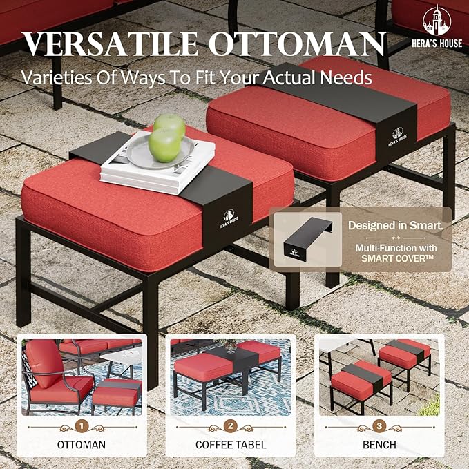 HERA'S HOUSE 5 Pieces Patio Furniture Set, 2 x Rocking Chair, 2 x Ottoman, 1 x 3-Seat Sofa, All Cushioned 7 Seats Metal Outdoor Conversation Set for Lawn Garden Backyard