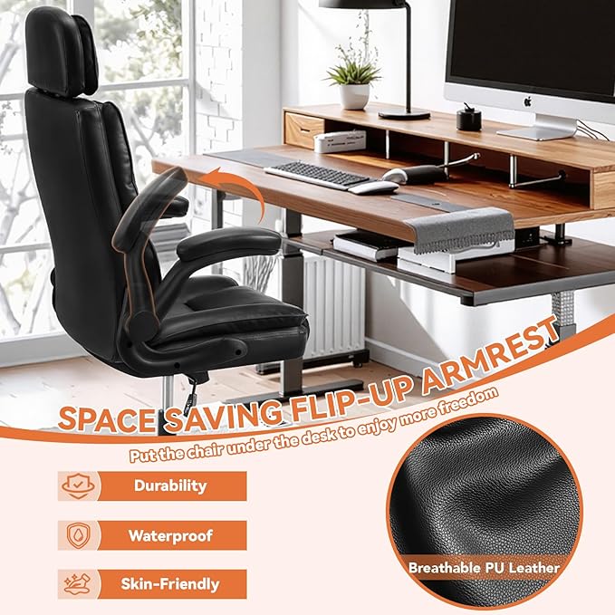 Comfortable Office Chair,Executive Leather Computer Chair with Lumbar Support,Adjustable Height & Armrests,Black