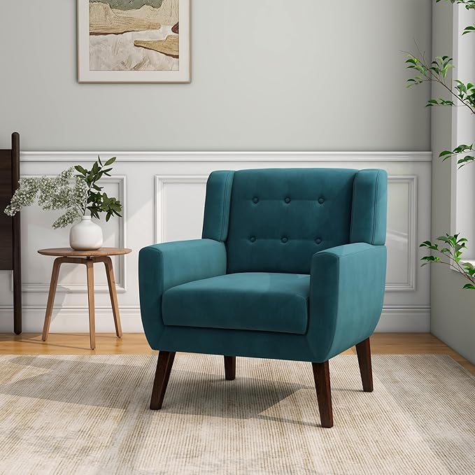 Accent Chair, Mid-Century Modern Velvet Fabric Chairs with Arms for Living Room, Comfy Upholstered Club Single Sofa Armchair for Bedroom Waiting Room with Solid Wood Frame (Velvet Blue, Set of 1)