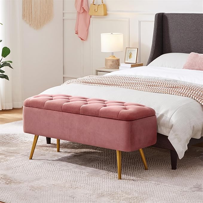 Yaheetech Ottoman with Storage, Velvet Entryway Bench with Safety Hinge, Upholstered Bench with Seating for Bedroom, Living Room, Holds up to 519 lb, Pink