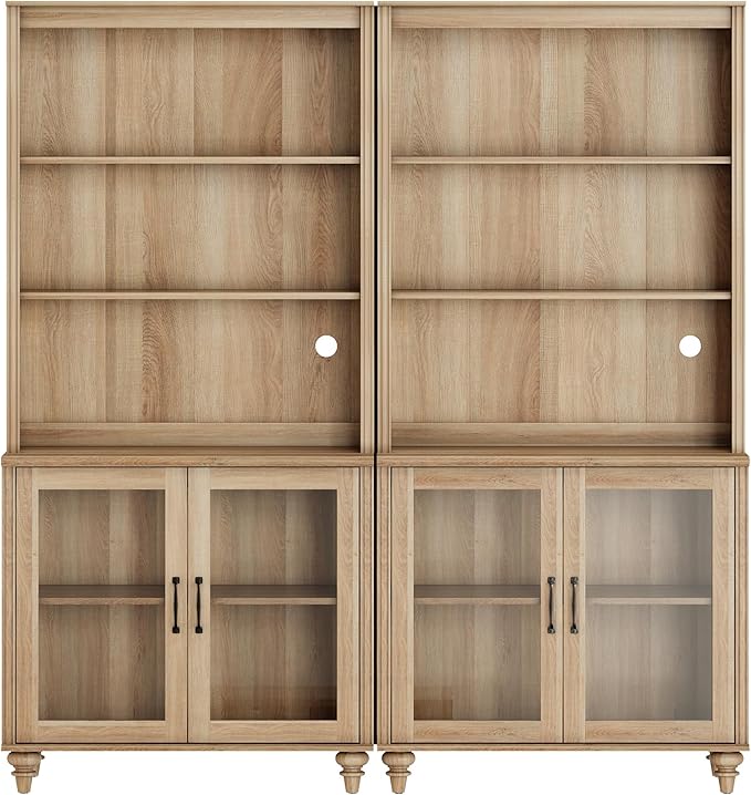 WAMPAT 5 Tier Bookshelf 72" Tall Bookcase with Glass Doors,Large Farmhouse Display Book Shelf with Adjustable Shelves and Storage Cabinet,Library Wood Bookshelves for Living Room,Kitchen, Oak(2PCS)