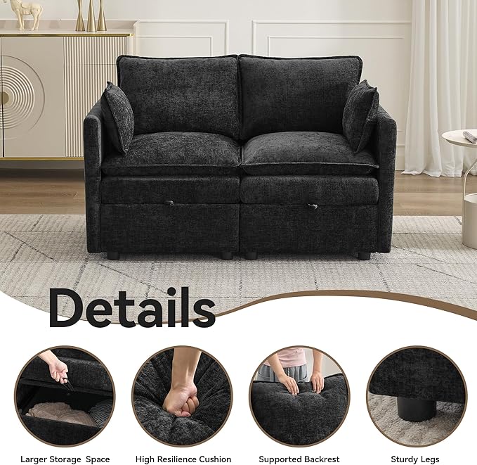 55" Cloud Modular Loveseat Sofa with Storage, Modern Upholstered Sofa Couch Small Love Seat,2 Seater Chenille Comfy Sectional Sofa with Armrests for Living Room, Small Space, Black
