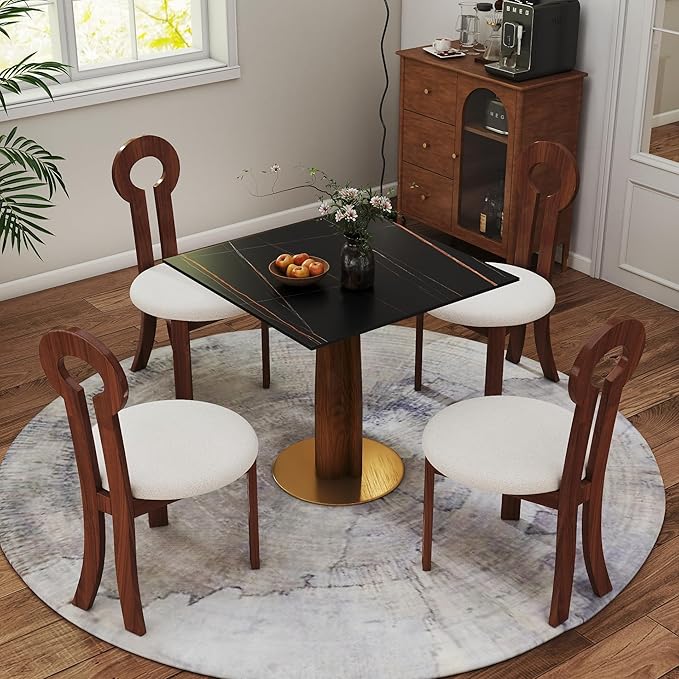 Sintered Stone Square Office Table and Chair Set - Meeting Table for Small Offices (Walnut Leg and Black Top, 1 Table and 4 Chairs)
