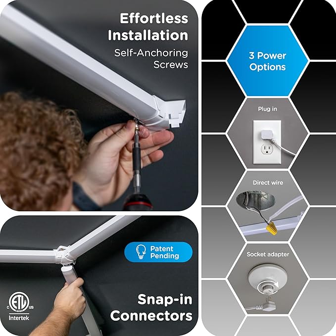 Enbrighten Ultrabrite Hexagon Garage Lights, 24 Pack, 5 Hex, 24,000lm, Dimmable with Remote, LED Ceiling Light for Car Detailing, Shop Lighting, Gym Decor, Man Cave, ETL Safety Certified, 85837