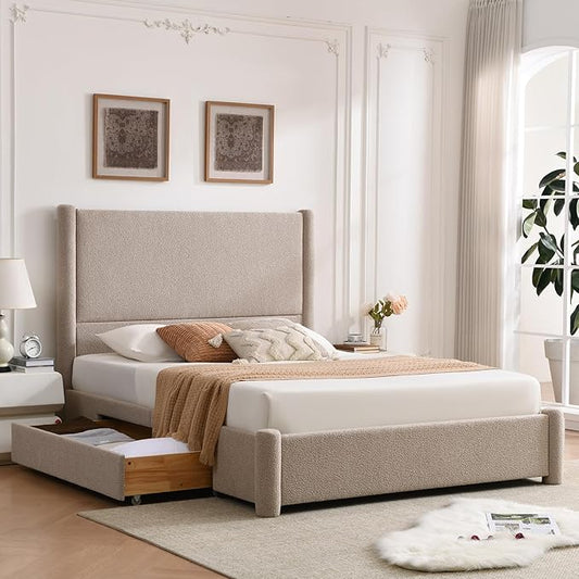 VELOCAVA King Size Upholstered Bed Frame with 51.77" Tall Headboard and Soft Rounded Corners, 2 Storage Drawers, 12-Slat Support, No Box Spring Needed, Linen-Blend Fabric, Beige