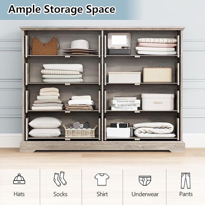 8 Drawer Dresser for Bedroom, 53" Wide Wooden Chest of Drawers, Rustic Farmhouse Dresser with Large Drawers & Metal Handles, Modern Storage Organizer for Closet, Living Room, Hallway, Grey