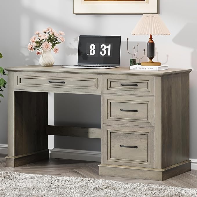 Farmhouse 47" Executive Desk, Computer Desk with Drawers and File Drawer, Workstation Computer Desk with Charging Station for Home Office,Study(Wash Grey)
