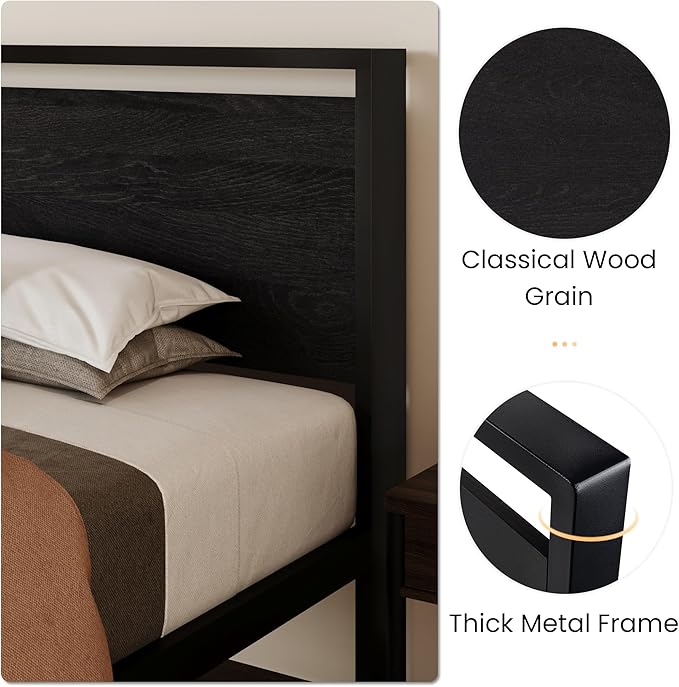SHA CERLIN 14 Inch Twin Size Metal Platform Bed Frame with Wooden Headboard and Footboard, Mattress Foundation, No Box Spring Needed, Large Under Bed Storage, Heavy Duty Slats Support, Black Oak