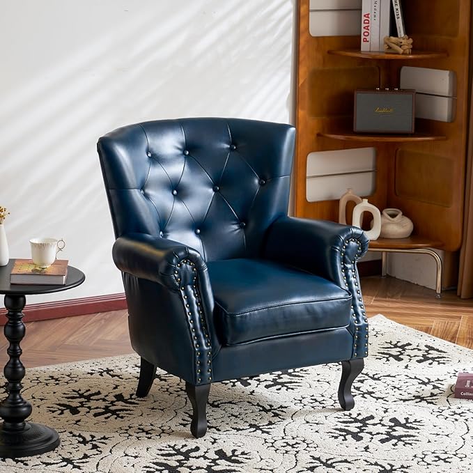 MOJAY PU Leather Accent Chair, Mid-Century Modern Armchair Living Room Club Chair with Tufted Button & Rivet Trim, Upholstered Sofa Chair with Sturdy Wood Legs for Bedroom (Navy)