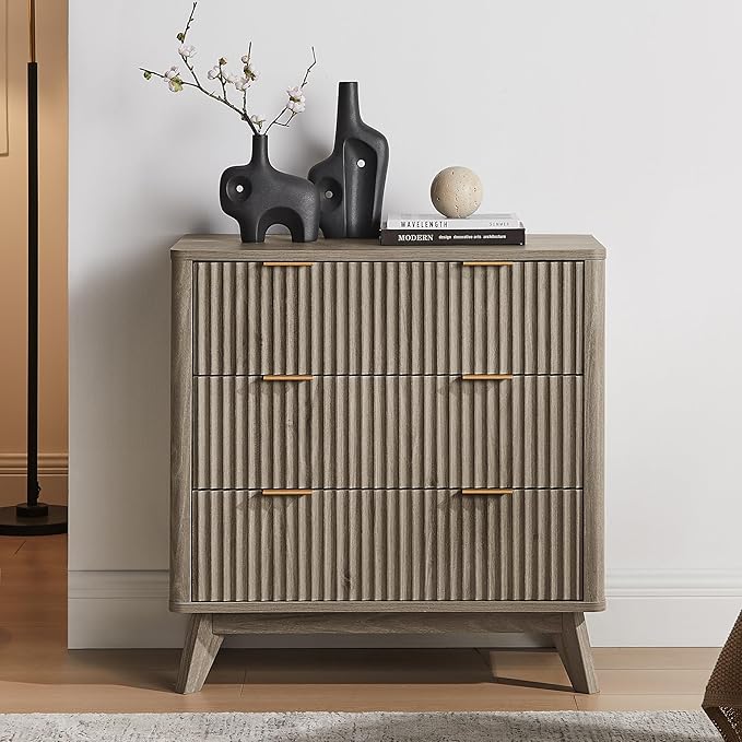 T4TREAM Fluted 3 Drawer Dresser, 32" Tall Modern Chest of Drawers, Curved Profile Design, Wood Drawer Organizer for Bedroom, Living Room, Hallway, Entryway, Grey Alder