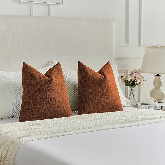 FUTEI Rust Chenille Decorative Throw Pillow Covers 20x20 Inch Set of 2,Soft Cozy Faux Linen Textured Cushion Case,Farmhouse Home Decor for Couch Living Room