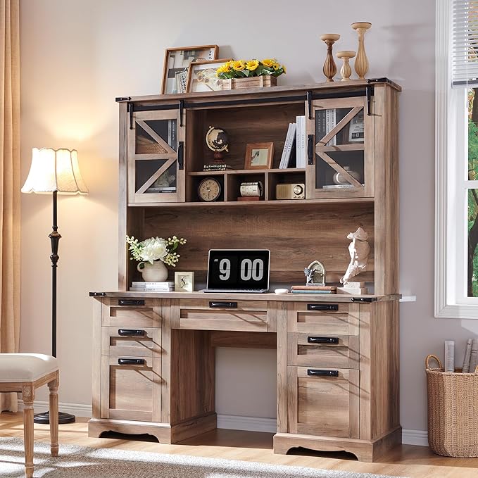 RedLemon 60" Farmhouse Desk with Hutch, Wood Home Office Executive Desk with Drawer, Charging Station, Keyboard Tray, File Drawer, Storage Cabinet, Rustic Writing Computer Desk (Natural Oak)