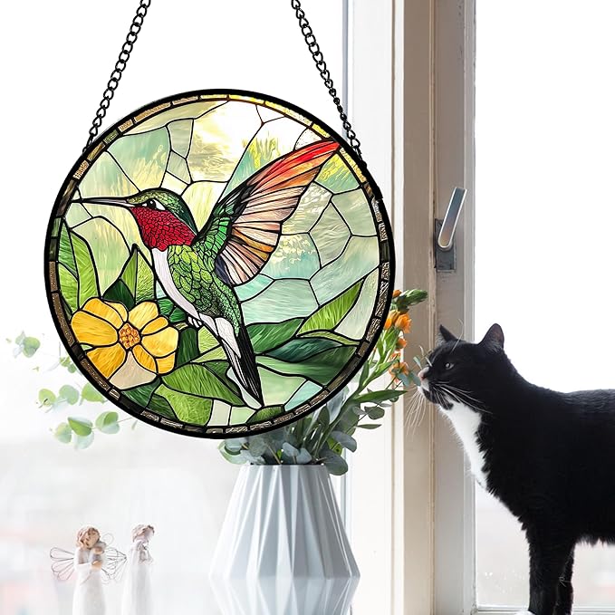 Stained Glass Window Hanging, Green Hummingbird Sun Catcher for Door Home Decor, Birds Suncatcher Christmas Mother's Day Birthday Gifts for Bird Lovers Women Men Mom and Nana 11.8 in