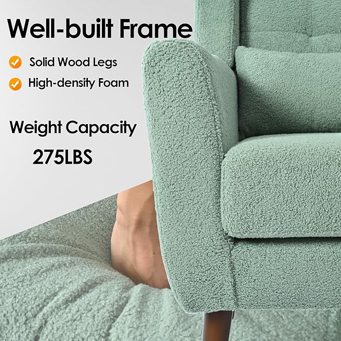 Accent Chair, Comfy Upholstered Living Room Chairs with High Tufted Backrest and Pillow, Wingback Reading Chair with Solid Wood Legs for Bedroom/Office, Teddy Fabric, Light Green