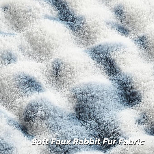 FUTEI Blue White Decorative Throw Pillow Covers 16x16 Inch Set of 2,Soft Fuzzy Faux Rabbit Fur Cushion Covers with Raised Texture,Neutral Boho Home Decor for Couch Bed Living Room