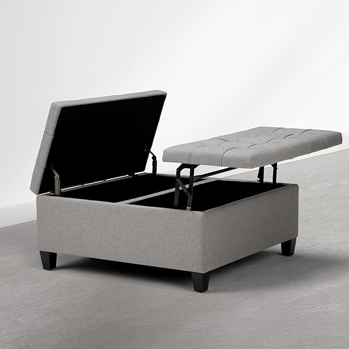 SIMPLIHOME Harrison Coffee Table Storage Ottoman - 36 inch Wide Upholstered Linen Look Fabric Square Storage Ottoman in Oyster Grey, Transitional Tufted Ottoman for Living Room with Split Lift-Up Lid