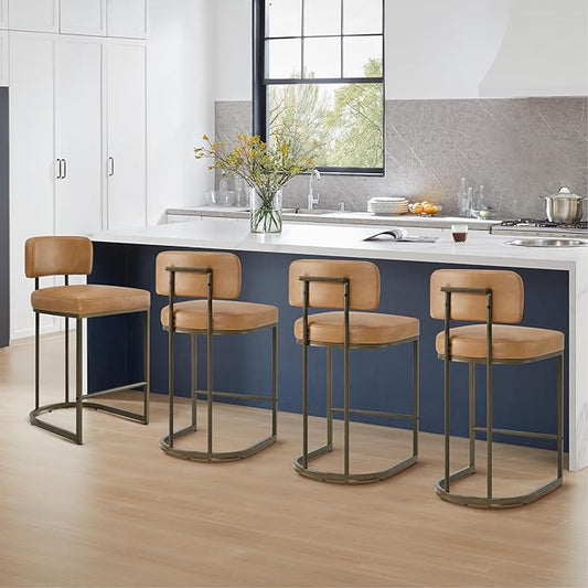 26" H Counter Height Bar Stools Set of 3, Modern Faux Leather Upholstered Barstools with Backrest for Kitchen Island, Gold Metal Frames, Brown