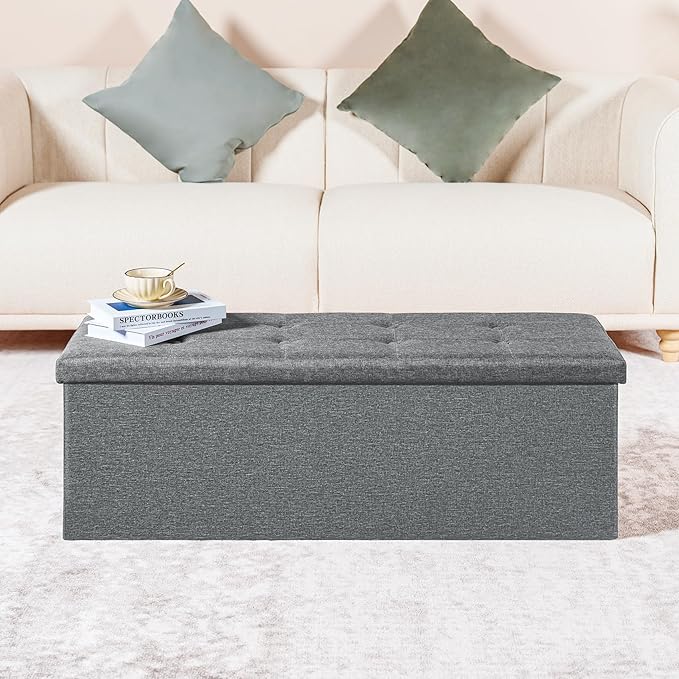 PINPLUS Folding Storage Ottoman Bench, Grey Linen Long Ottoman Chest Foot Rest Stool with Padded Seat, Chest with Tray, Bedroom Bench with Storage, 43.3inches
