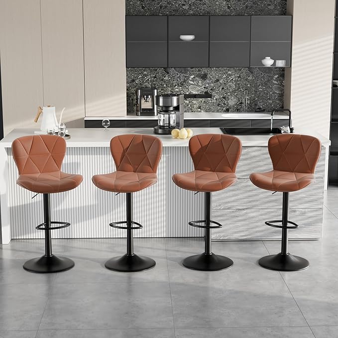 Bar Stools Set of 2, Faux Leather Bar Chairs,Upholstered Counter Height with High Backrest for Kitchen Island,Light Brown