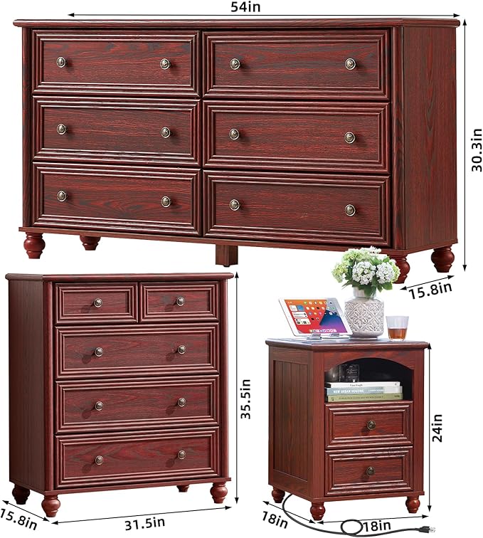 Farmhouse Dressers & Night Stand Set of 4, Wood 54" Wide Dresser & 35" Tall Chest of Drawers, 18" with Charging Station Nightstand Set of 2, Bedroom Furniture Dresser Set for Home Living Room Hallway