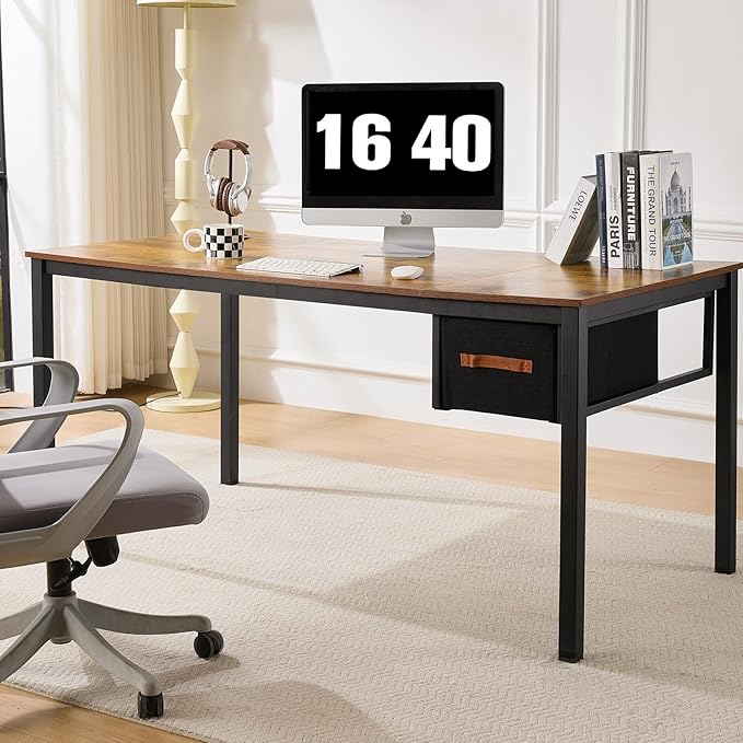 Computer Desk with Drawer, 63 Inch Large Home Office Work Desks, Modern Writing Study PC Desk Gaming Table for Bedroom Home, Stable Thick Metal Legs Frame Support (Rustic Brown)