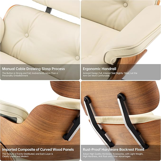 Top Cream White Grain Leather, Mid Century Chaise Lounge Chair and Ottoman, Modern Chair Classic Design, Walnut Wood, Heavy Duty Base Support for Living Room Office