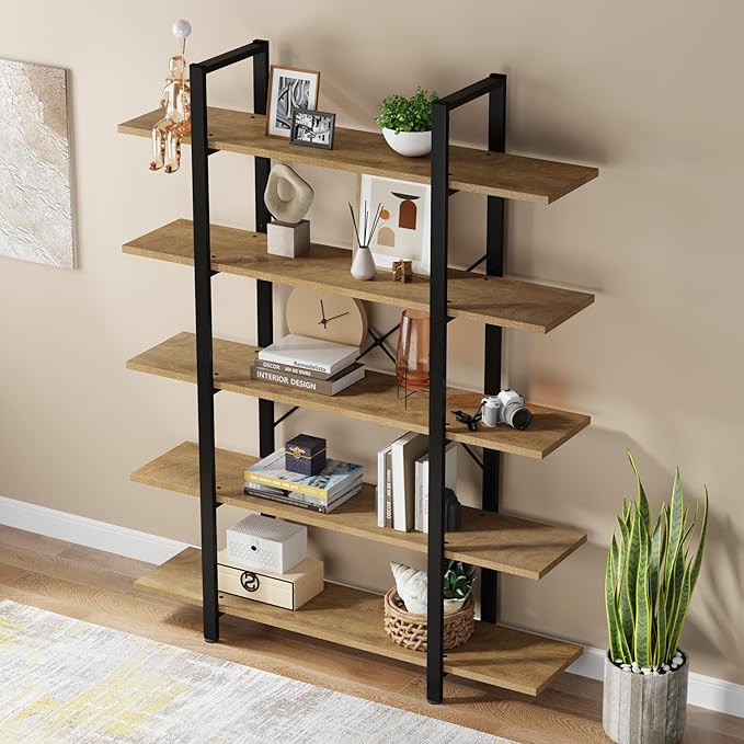 Tribesigns 5-Tier Bookshelf, Vintage Industrial Style Bookcase 72 H x 12 W x 47L Inches (Beige)
