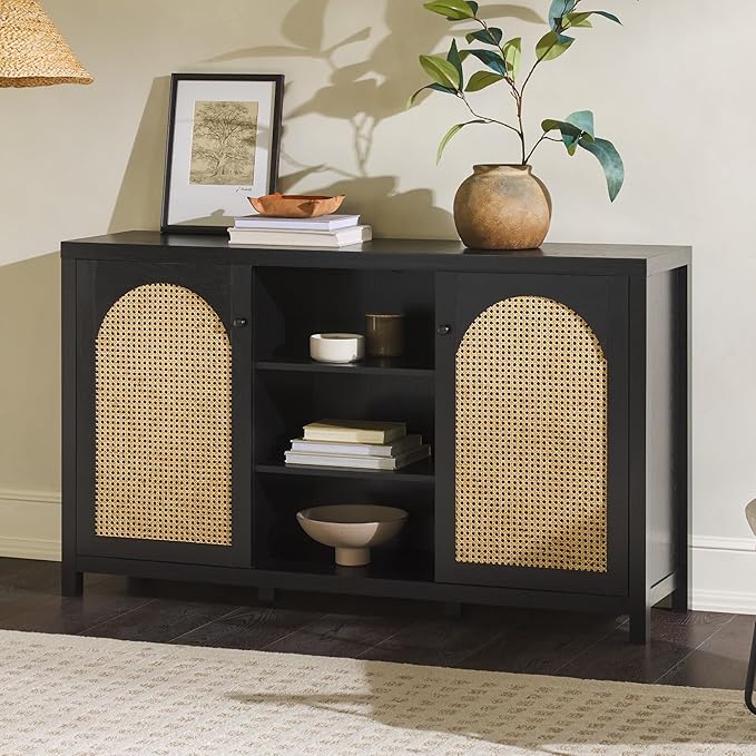 Walker Edison Sasha 2-Door Sideboard Buffet with Arched Rattan Panels, 58 Inch, Black