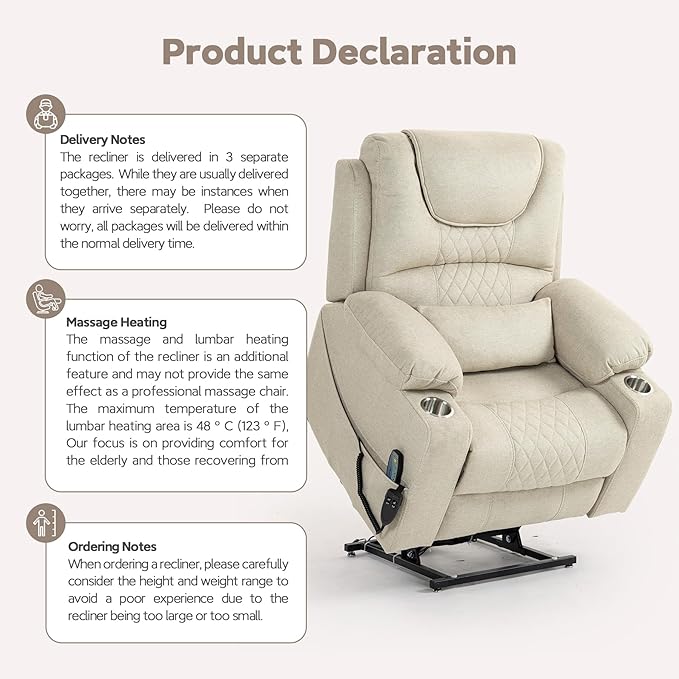 25''Oversized Recliner Chair/Lift Chair, Power Lift Recliner Chair for Elderly, Electric Recliner Chairs for Adults with Massage and Heat, Double Motor Lay Flat Recliner with Cup Holder, Side Pocket