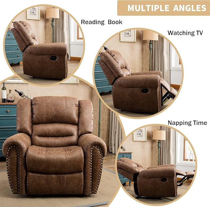 CANMOV Leather Recliner Chair Set of 2, Classic and Traditional Manual Recliner Chair with Comfortable Arms and Back,Manual Single Recliner Sofa for Living Room, Nut Brown