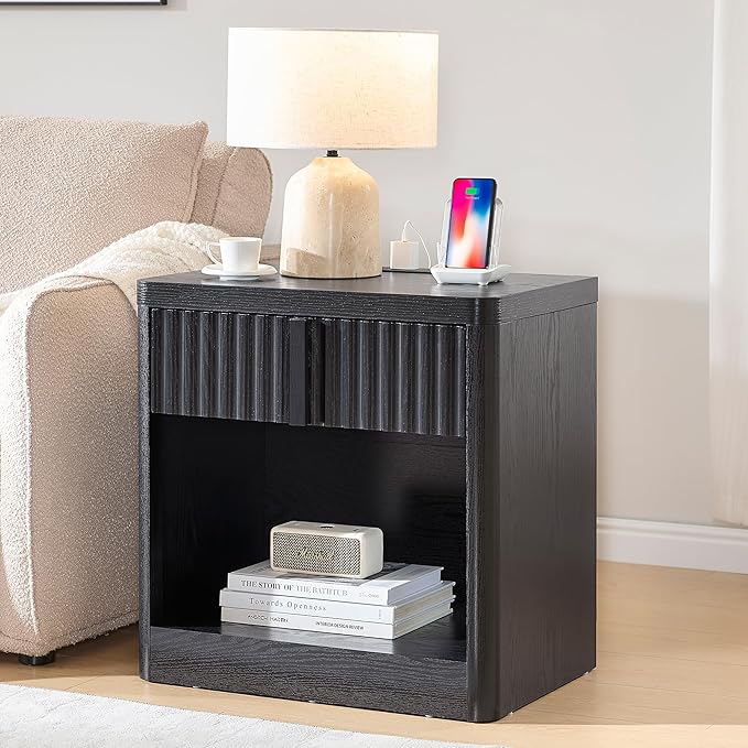 Fluted Nightstand with Charging Station, 23.6" End Table with Open Shelf and Drawers Storage, Bedside Table with Solid Wood Handle, Curved Profile Design, Night Stand for Bedroom, Black
