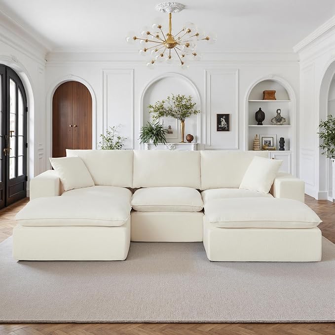 108" Sectional Couches for Living Room Boneless Couch Upholstered Cloud Couch Sectional Modular Sectional Sofa with L Shaped (Chenille-White, 3 Seat+2 Ottoman)