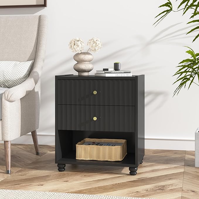 Modern Nightstand Set of 2, Fluted End Table with Open Shelf, Night Stand with 2 Drawers for Bedroom (2,Black)