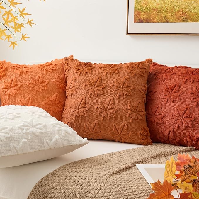 Kevin Textile Maple Leaf Pillow Covers 18x18 Inch Set of 2 Fallen Leaves Embroidery Decor Soft Plush Faux Fur Throw Pillows Pillowcases for Holiday Harvest Decor Sofa Couch Bedroom, Orange