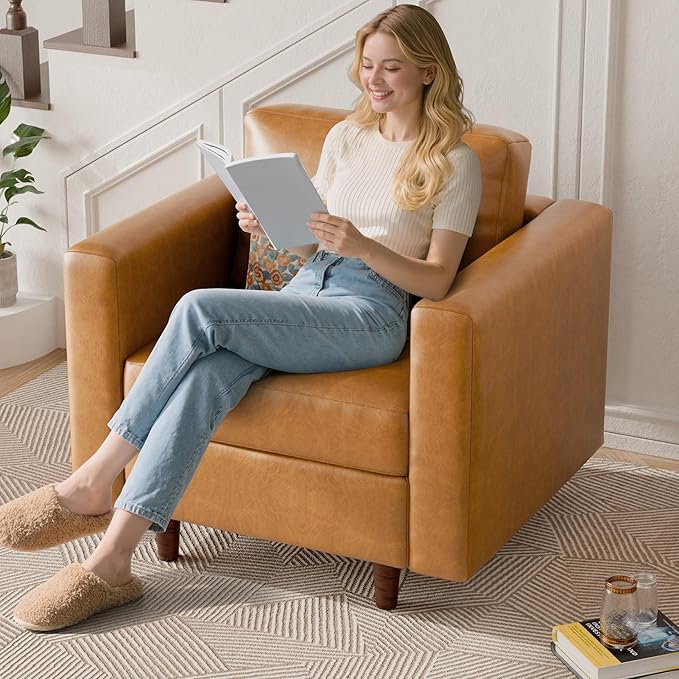 ABCASA Faux Leather Oversized Accent Chair with Storage Deep Seat Single Sofa Large Reading Armchair for Living Room Bedroom Office Brown