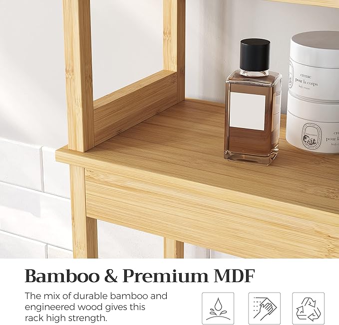 SONGMICS Over The Toilet Storage Cabinet, Bathroom Cabinet with Adjustable Inside Shelf and Bottom Stabilizer Bar, Space-Saving Toilet Rack, Natural Beige UBTS010N01