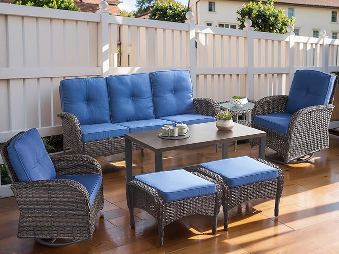 HUMMUH Outdoor Patio Furniture 7-Piece All-Weather PE Wicker Outdoor Conversation Set-Patio Couch Swivel Rocker Chairs with Ottomans Coffee Tables for Backyard,Poolside,Deck