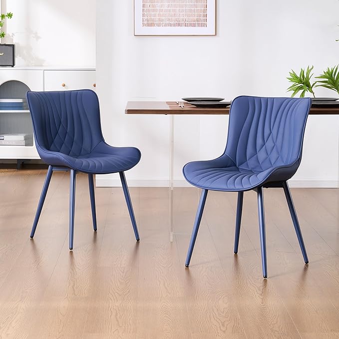 YOUTASTE Navy Blue Dining Chairs Set of 2, Mid Century Modern Comfy Kitchen Chair, Upholstered Faux Leather, Navy Blue Metal Legs, Armless Accent Chairs for Bedroom Vanity Lounge