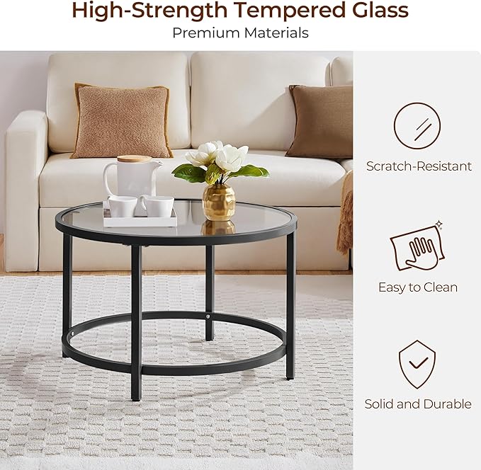 Yaheetech 27.6" Round Glass Coffee Table, Small Coffee Table for Living Room,Black Circle Coffee Tables Center Tables with Glass Top, Office & Apartment