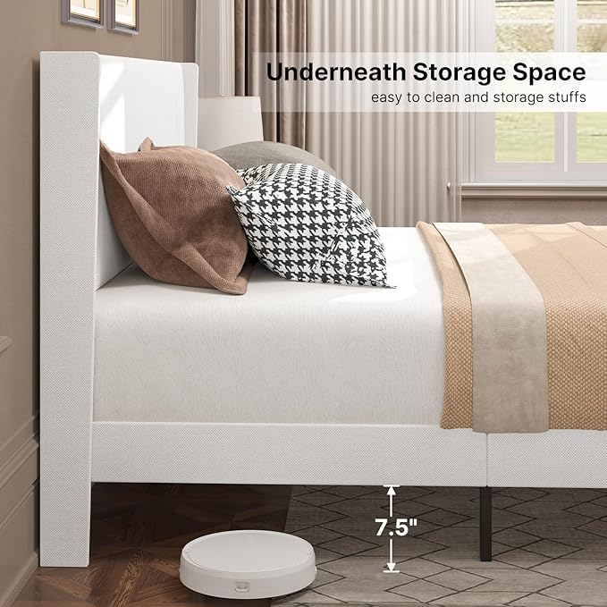 Gizoon Full Bed Frame with Wingback Headboard, Upholstered Platform Bed with Modern Geometric Headboard, Wooden Slats, Noise-Free, No Box Spring Needed