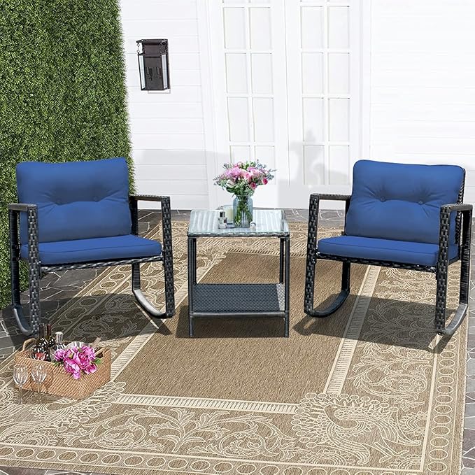 COSTWAY 3 Pieces Patio Rattan Rocking Chair Set, Outdoor Conversation Furniture Sets with Coffee Table, Storage Shelf and Cushions, Modern Bistro Set for Porch, Backyard, Garden, Navy