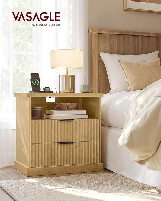 VASAGLE MAXE Collection - Set of 2 Nightstands with Charging Station, Fluted Night Stand, Bedside Table, Mid Century Modern Side End Table, 2 Drawers, 2 AC Outlets, 2 USB Ports, Oak Beige ULET926Y01
