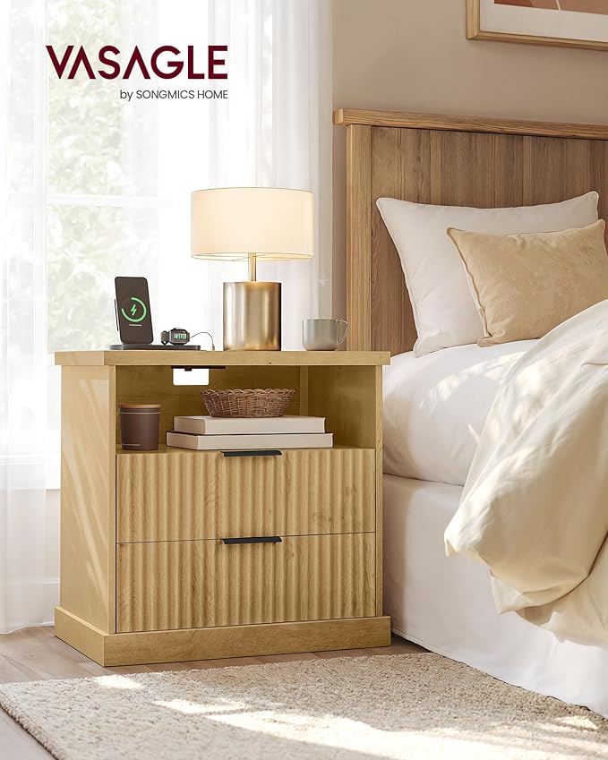 VASAGLE MAXE Collection - Nightstand with Charging Station, Fluted Night Stand, Bedside Table, Mid Century Modern Side End Table, 2 Drawers, 2 AC Outlets, 2 USB Ports, Oak Beige ULET626Y01S
