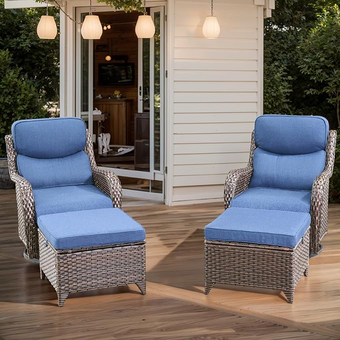 HUMMUH Wicker Patio Furniture High Back Swivel Rocker Patio Chairs Outdoor Bistro Set with Ottomans Side Table for Porch Garden Deck
