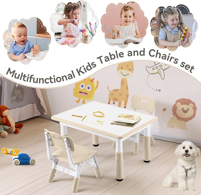 Kids Study Table and Chairs Set, Height Adjustable Toddler Table and Chair Set for Kids Ages 3-8, 31.5" L x 23.6" W Graffiti Desktop Plastic Children Art Table with 2 Seats