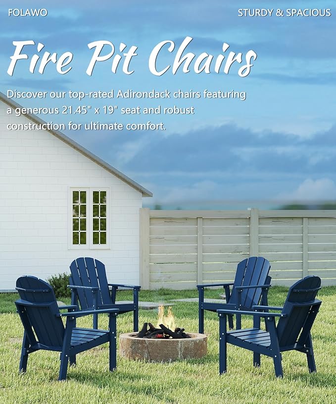 Adirondack Chair, All Weather HDPE Fire Pit Chairs, Oversized Plastic Adirondack Chair for Outdoor, Balcony, Deck, Backyard, Patio, Garden, Poolside, Lawn Navy Blue
